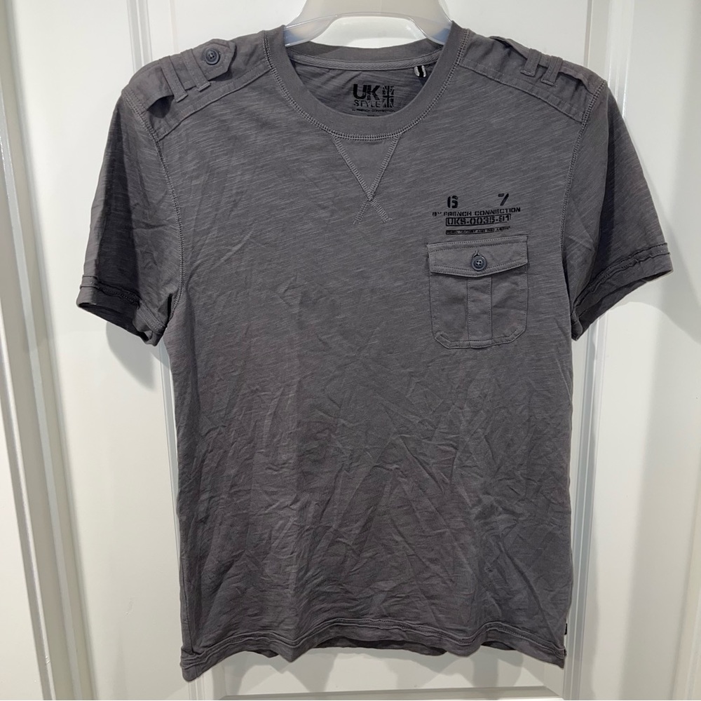 UK Style FC Men Size M Short Sleeve T-shirt Gray & front pocket